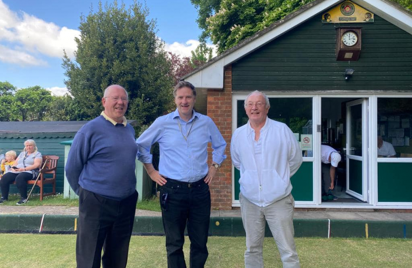 Pictured; Steve Brine MP with club members, giving bowls ago